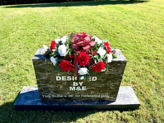 Christmas Saddle with Plaid Bow,  Cemetery Saddle, Red and White Holiday Cemetery Flowers, Seasonal Grave Decoration
