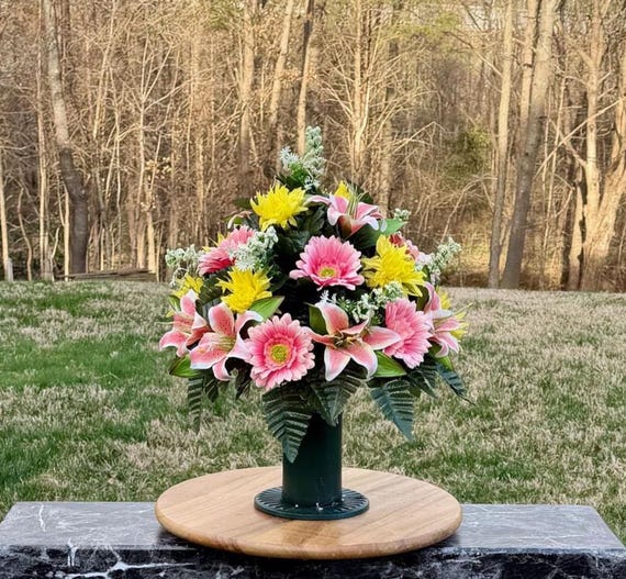 Pink, Yellow and White Cemetery Vase Arrangement, Headstone Arrangement, Memorial Decorations