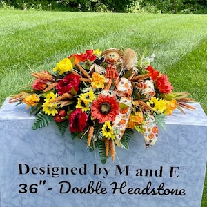 Scarecrow with Quality Silk Flowers, Fall Cemetery Saddle, Cemetery Flowers, Headstone Saddle, Cemetery Arrangement, Memorial Flowers