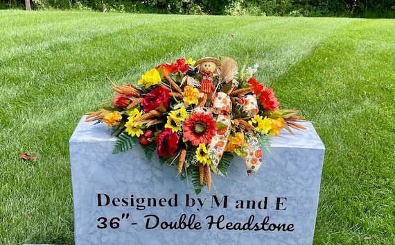 Scarecrow with Quality Silk Flowers, Fall Cemetery Saddle, Cemetery Flowers, Headstone Saddle, Cemetery Arrangement, Memorial Flowers