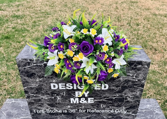 Yellow, Purple and White Cemetery Saddle, Grave Decoration, Memorial Headstone Flowers
