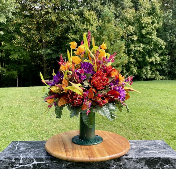Orange Yellow Purple Cemetery Vase Arrangement: Fall Memorial Flowers