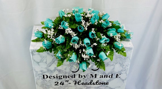 Teal Single Headstone Cemetery Saddle, 22-24” Cemetery Flower Arrangement, Flowers for Cemetery, Memorial Saddle, Sympathy Flowers
