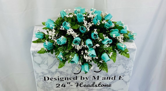 Teal Single Headstone Cemetery Saddle, 22-24” Cemetery Flower Arrangement, Flowers for Cemetery, Memorial Saddle, Sympathy Flowers