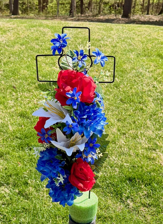 Patriotic Red, White and Blue Silk Flower Cemetery Reusable Cross - Grave Decoration - Memorial Arrangement