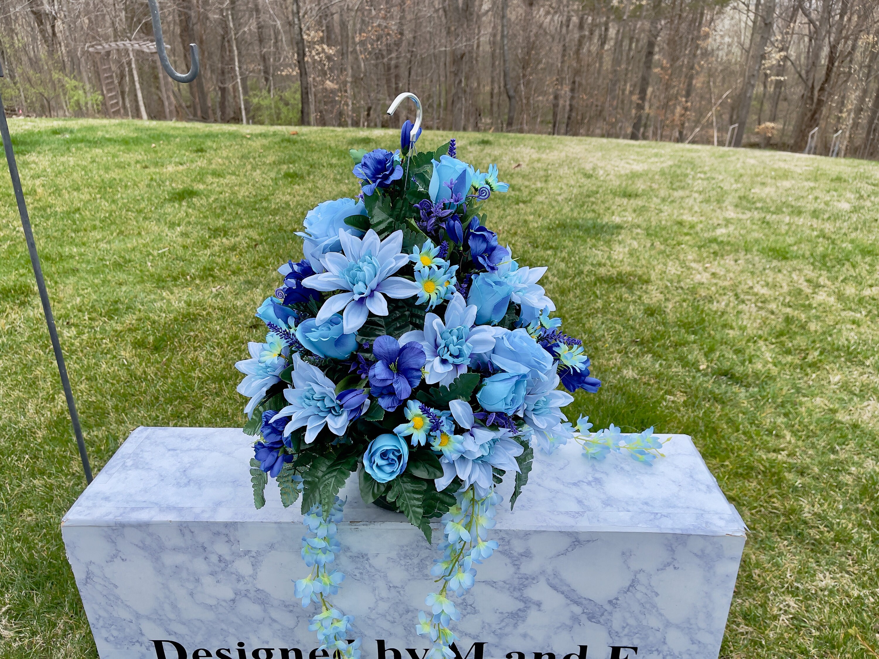 Blue Large Hanging Basket for Shepherd Hook, Hanging Basket, Memorial Flower, Grave Decoration
