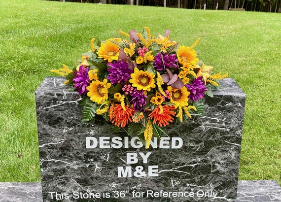 Purple & Yellow Silk Flower Cemetery Saddle - Memorial Headstone Arrangement