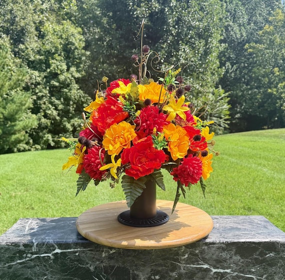 Unique Orange and Yellow Fall Cemetery Vase Arrangement: Fall Memorial Flowers