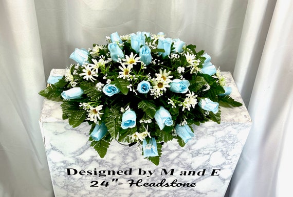 Baby Blue-White Single Headstone Cemetery Saddle, 22-24” Cemetery Flower Arrangement, Flowers for Cemetery, Memorial Saddle, Sympathy Flower