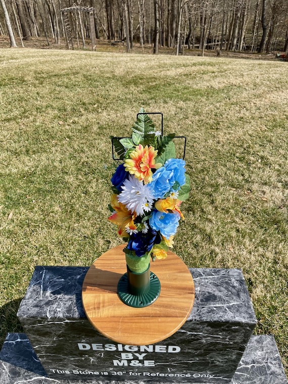 Blues-White-Orange Silk Flowers on Cross, Cemetery Cross with Heart, 22” Cross Flower Arrangement, Flowers for Cemetery, Memorial Flowers