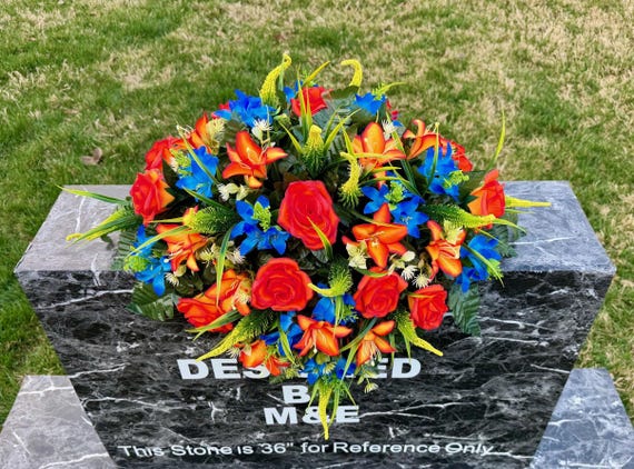 Bright Orange Blue Cemetery Saddle Arrangement, Headstone Flowers, Memorial Day Silk Flowers