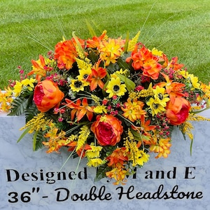 1 Yellow and Orange Cemetery Saddle, Cemetery Saddle, Cemetery Flower, Headstone Saddle Arrangement, Headstone Saddle, Memorial Day Flowers
