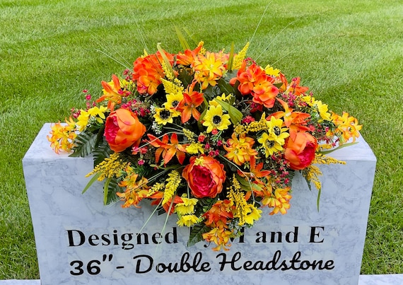 1 Yellow and Orange Cemetery Saddle, Cemetery Saddle, Cemetery Flower, Headstone Saddle Arrangement, Headstone Saddle, Memorial Day Flowers