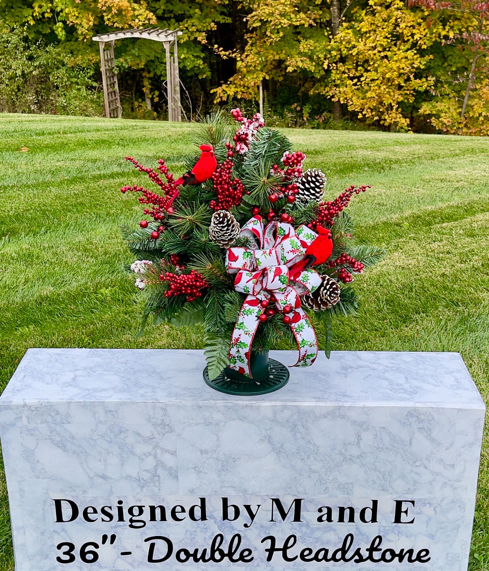 Cardinals with Bow Christmas Cemetery Vase, Vase Arrangement, Memorial