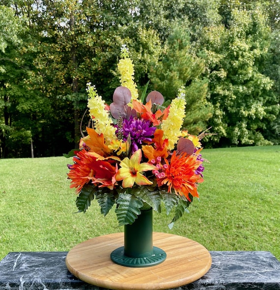 Yellow Purple and Orange Cemetery Vase Arrangement: Fall Memorial Flowers