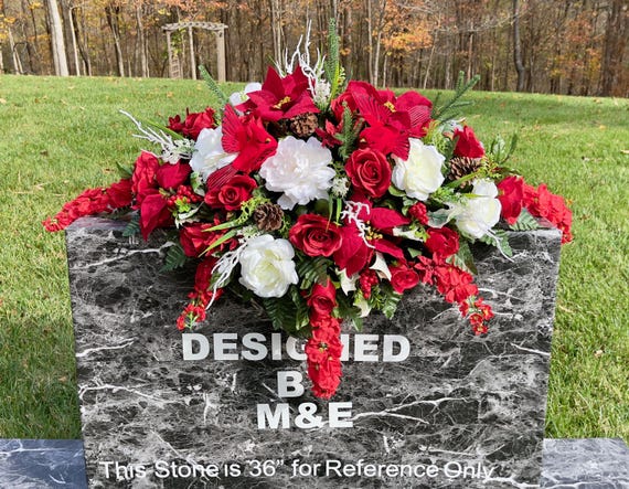 Redbirds in Large Cemetery Saddle, Christmas Cemetery Flowers, Headstone Saddle Arrangement, Christmas Headstone Saddle