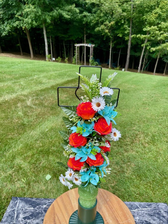 Teal & Red Silk Flower Cemetery Cross - 22" Memorial Arrangement