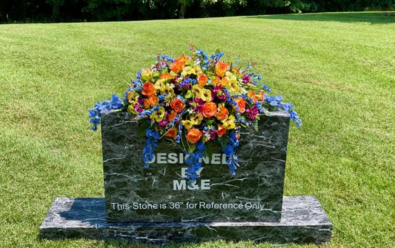 Blue-Yellow-Orange Quality Silk Flowers, Cemetery Saddle, Cemetery Flowers, Headstone Saddle, Cemetery Arrangement, Memorial Day Flowers