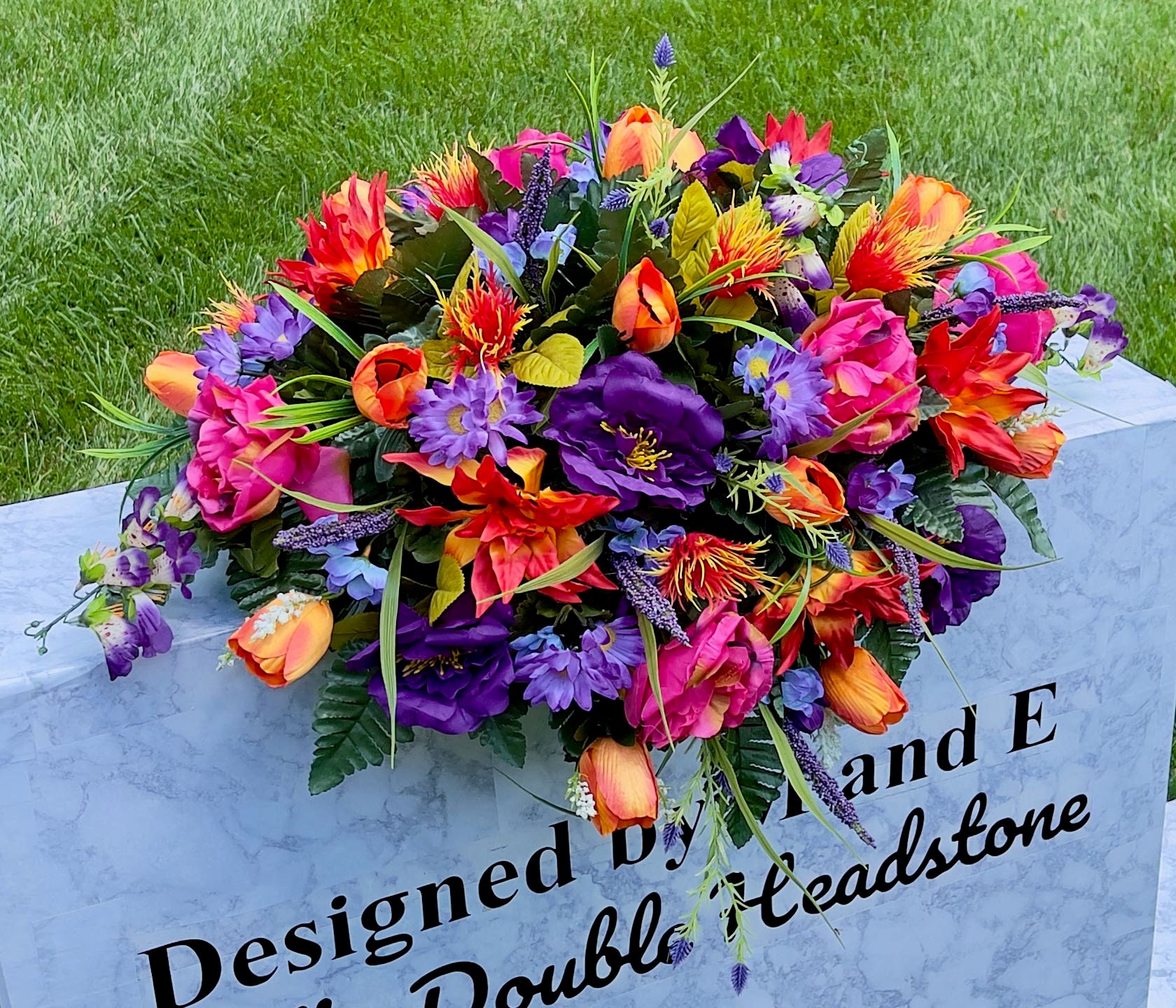 PinkPurpleOrange Quality Silk Flowers, Cemetery Saddle, Cemetery Flowers, Headstone Saddle
