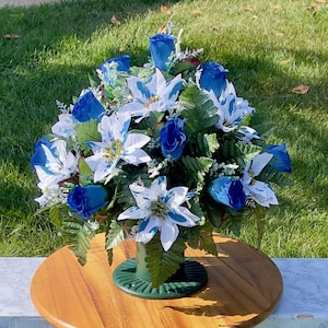 White and Blue Christmas Cemetery Vase, Vase Arrangement, Memorial Cemetery Vase, Memorial Flower, Cemetery Vase, Sympathy Flower