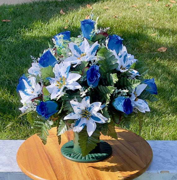 White and Blue Christmas Cemetery Vase, Vase Arrangement, Memorial Cemetery Vase, Memorial Flower, Cemetery Vase, Sympathy Flower