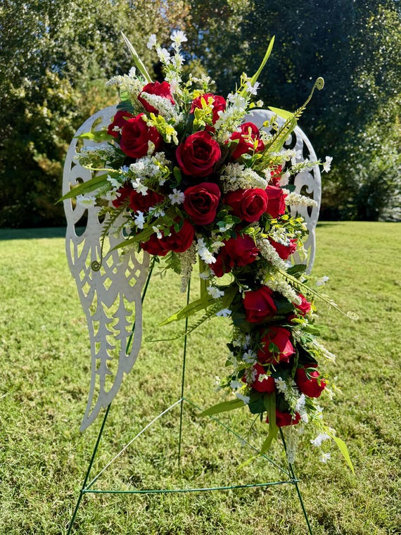White Angel Wings with Red Rose Flowers Cemetery Arrangement, Memorial Flowers, Headstone Decorations,