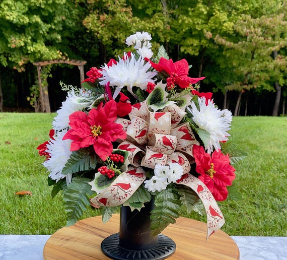 Redbird Christmas Cemetery Vase, Memorial Flowers