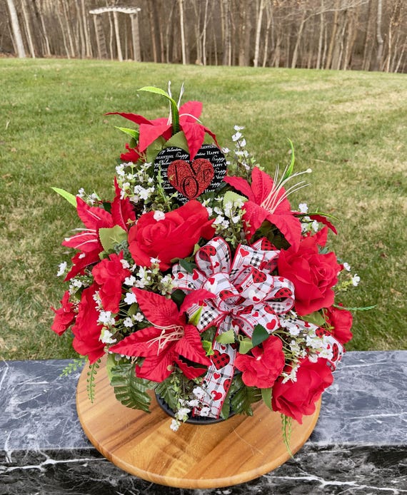 Love Valentines Day Heart with Bow - Valentine Cemetery Vase, Vase Piece, Headstone Vase Piece