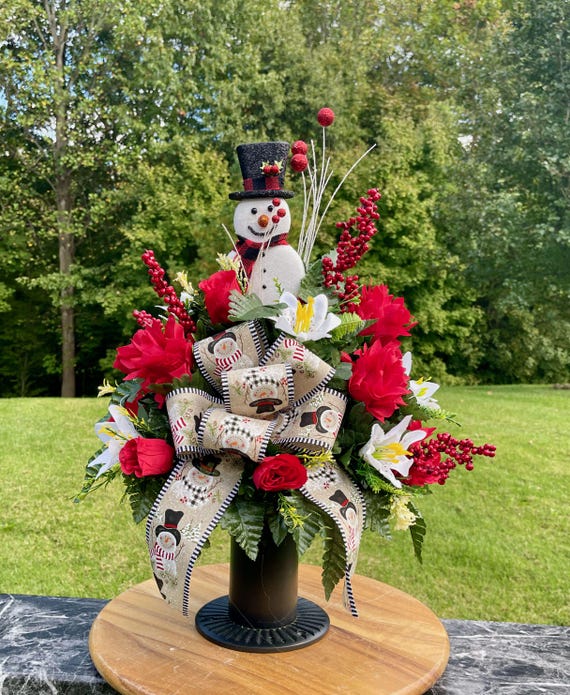 Snowman Christmas Cemetery Vase Arrangement: Holiday Memorial Flowers