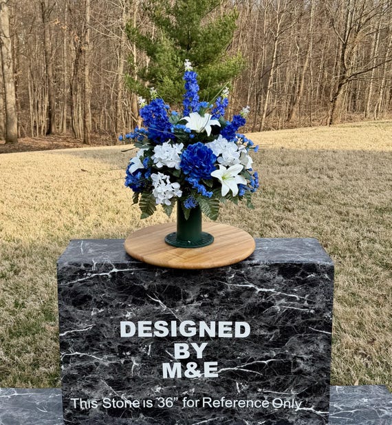 Blue and White Cemetery Vase Arrangement, Headstone Arrangement, Memorial Flowers