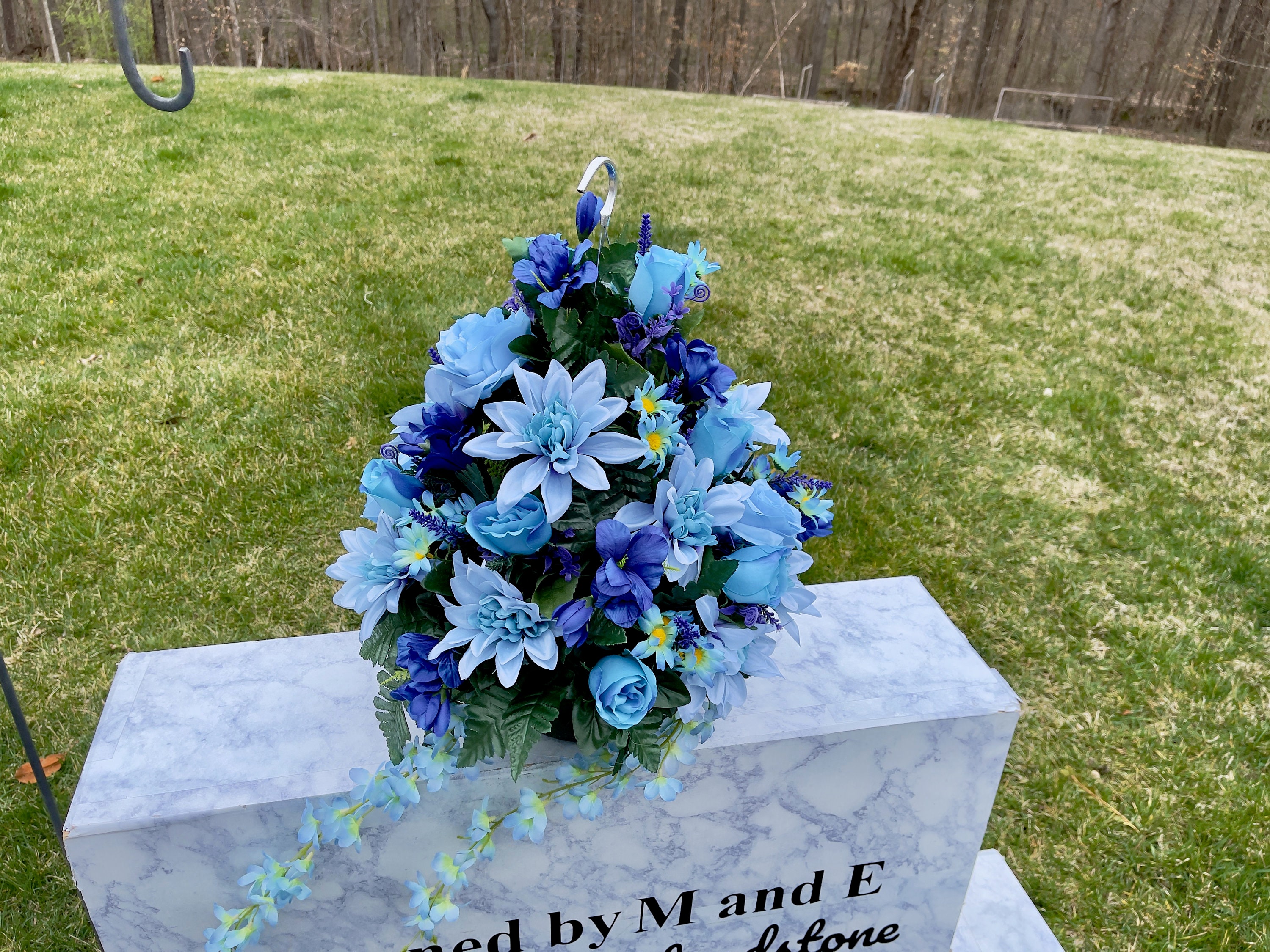 Blue Large Hanging Basket for Shepherd Hook, Hanging Basket, Memorial Flower, Grave Decoration