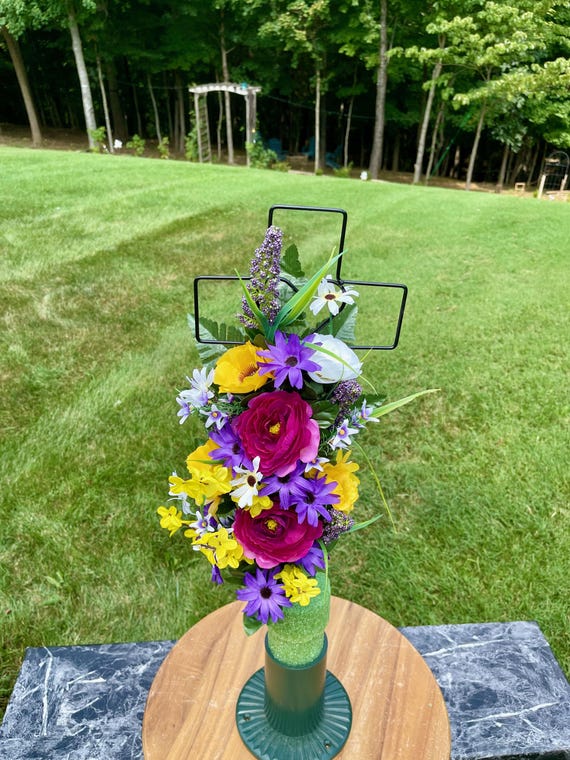 Silk Cemetery Cross Flowers: Multi-Color Memorial Arrangement