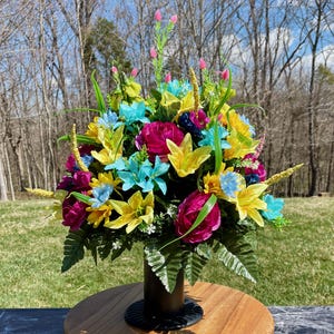 Teal-Yellow-Plum Cemetery Vase, Vase Arrangement, Memorial Cemetery Vase, Memorial Flowers, Spring Cemetery Vase, Sympathy Flowers