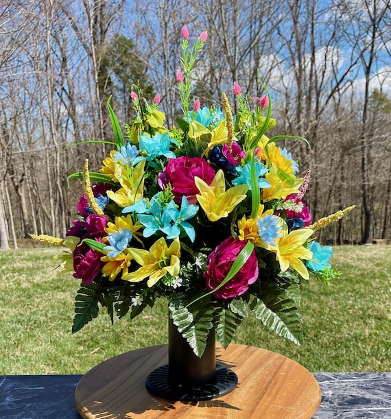 Teal-Yellow-Plum Cemetery Vase, Vase Arrangement, Memorial Cemetery Vase, Memorial Flowers, Spring Cemetery Vase, Sympathy Flowers