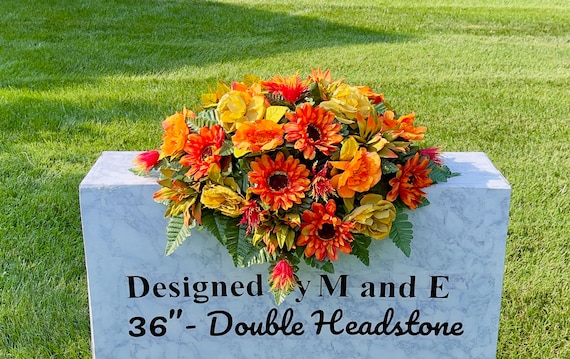 Oranges and Yellows Quality Silk Flowers, Cemetery Saddle, Cemetery Flowers, Headstone Saddle, Cemetery Arrangement,