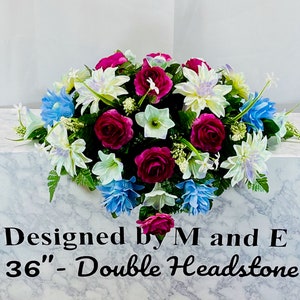 Blue & Purple Silk Flower Cemetery Saddle: Memorial Headstone Arrangement
