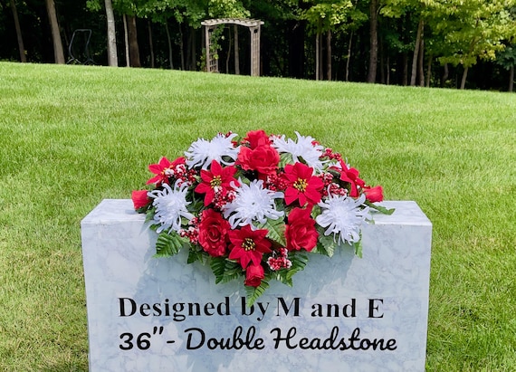 One of a Kind Red and White Christmas Cemetery Flowers, Winter Headstone Decorations, Cemetery Flowers, Grave Holiday Arrangement
