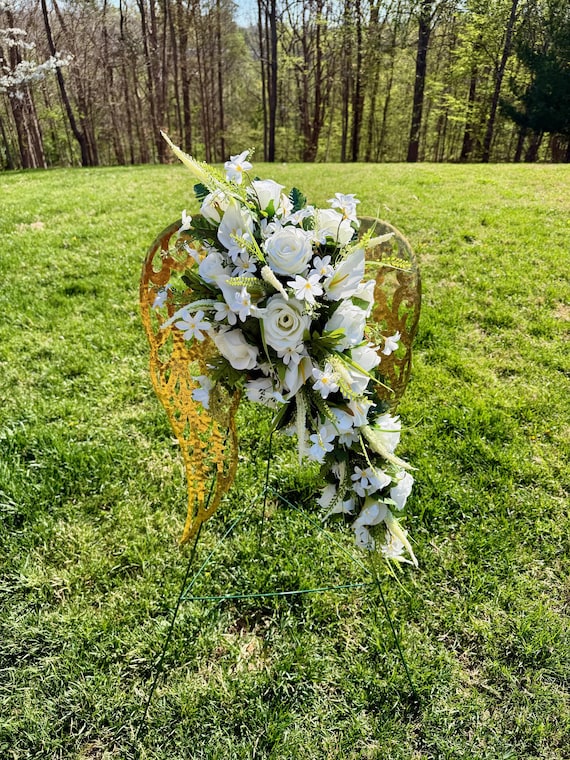 Gold Color Angel Wings Cemetery Arrangement, Memorial Flowers, Headstone Decorations,