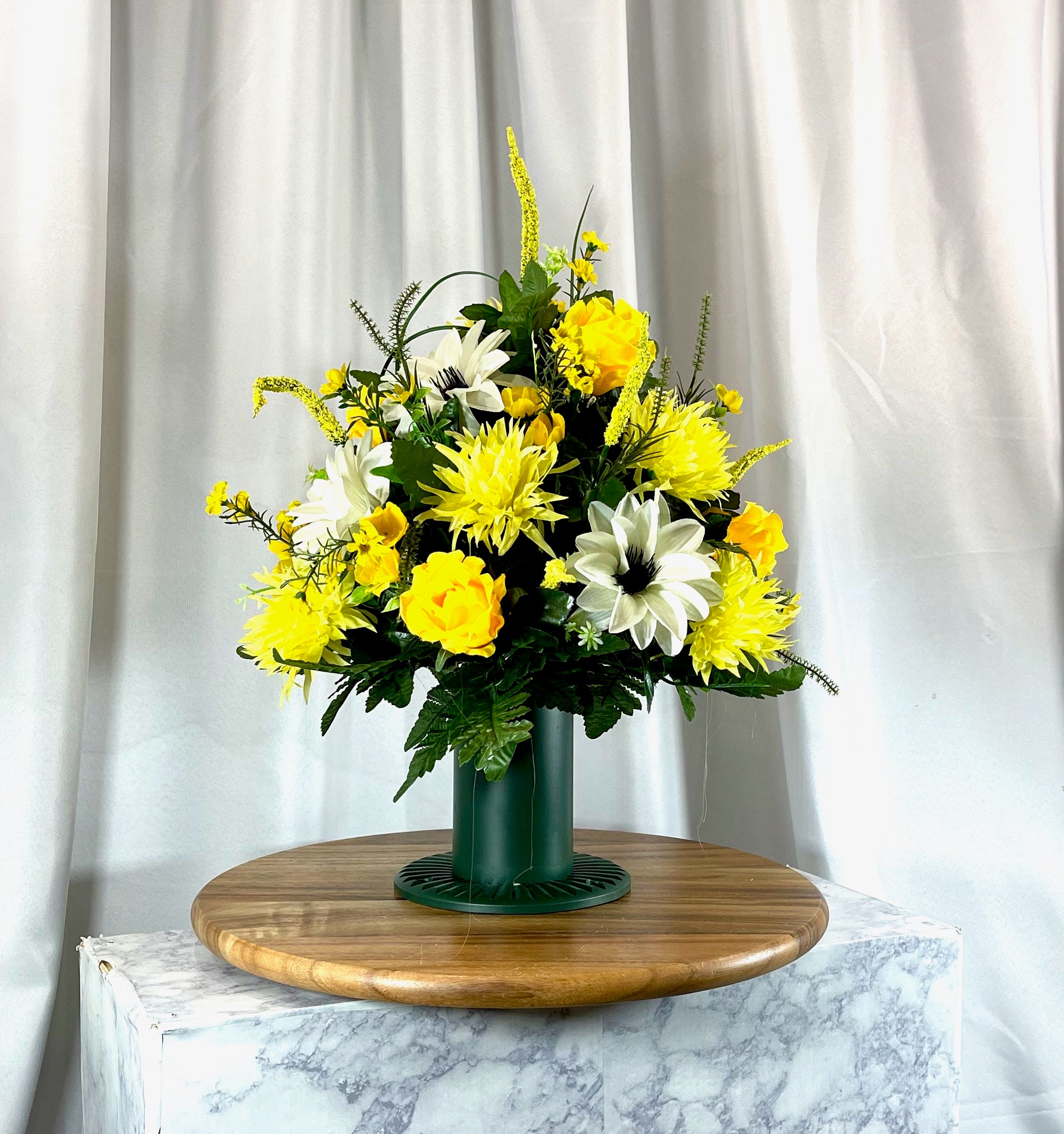1 Yellow & White Vase Piece, Cemetery Arrangement, Flower for Cemetery