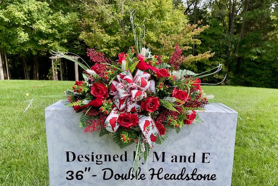 Roses, Berries, Redbirds with Bow in Christmas Cemetery Saddle Christmas, Christmas Cemetery Flower, Christmas Headstone Saddle Arrangement