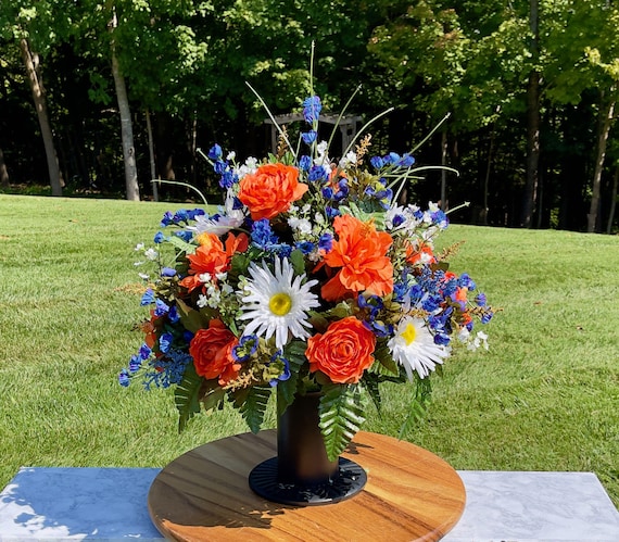 Orange-Blue-White Fall Cemetery Vase, Vase Arrangement, Memorial Cemetery Vase, Memorial Flowers, Spring Cemetery Vase, Sympathy Flowers