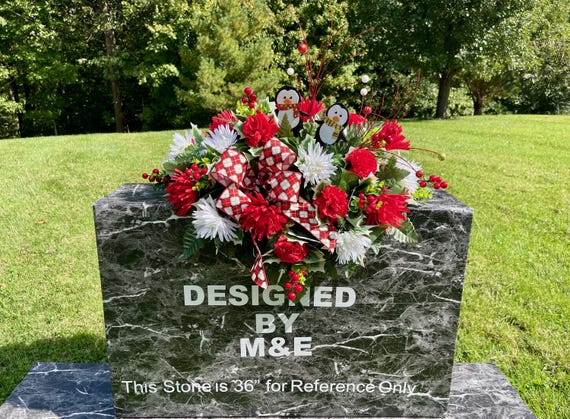 Christmas Cemetery Saddle: Christmas Penguins & Bow Memorial Flowers