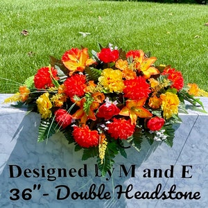 Fall Deep Orange and Yellows Quality Silk Flowers, Cemetery Saddle, Cemetery Flowers, Headstone Saddle, Cemetery Arrangement,