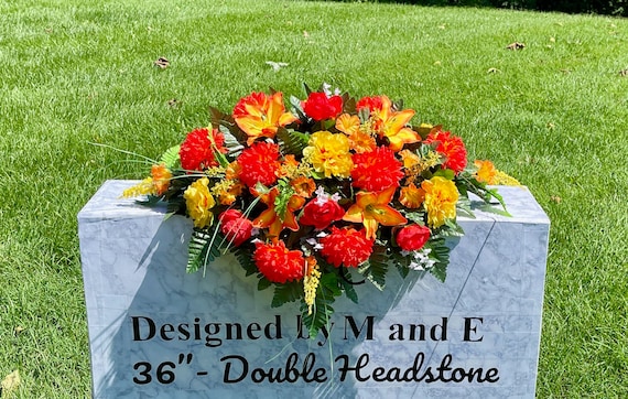 Fall Deep Orange and Yellows Quality Silk Flowers, Cemetery Saddle, Cemetery Flowers, Headstone Saddle, Cemetery Arrangement,