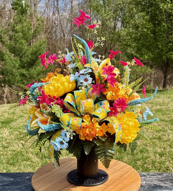 Multi-Color Cemetery Vase Arrangement with Bow, Grave Memorial Flowers
