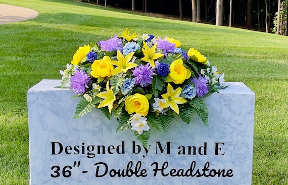 Blue-Yellow-Purple Cemetery Saddle, Flowers for the Cemetery, Memorial Day Saddle, Sympathy Flowers, Cemetery Flowers, Gravesite Flowers