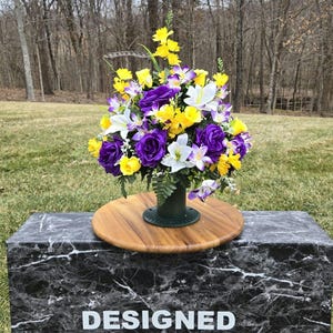 White-Purple and Yellow Cemetery Vase, Vase, Memorial Cemetery Vase, Memorial Flowers, Memorial Day Cemetery Vase, Sympathy Flowers