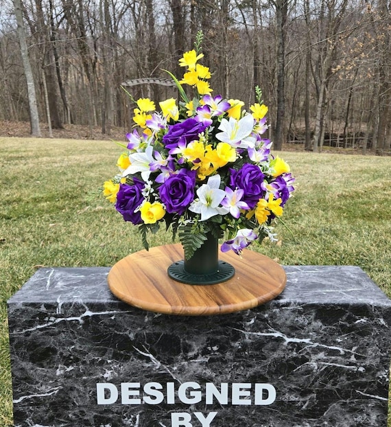 White-Purple and Yellow Cemetery Vase, Vase, Memorial Cemetery Vase, Memorial Flowers, Memorial Day Cemetery Vase, Sympathy Flowers