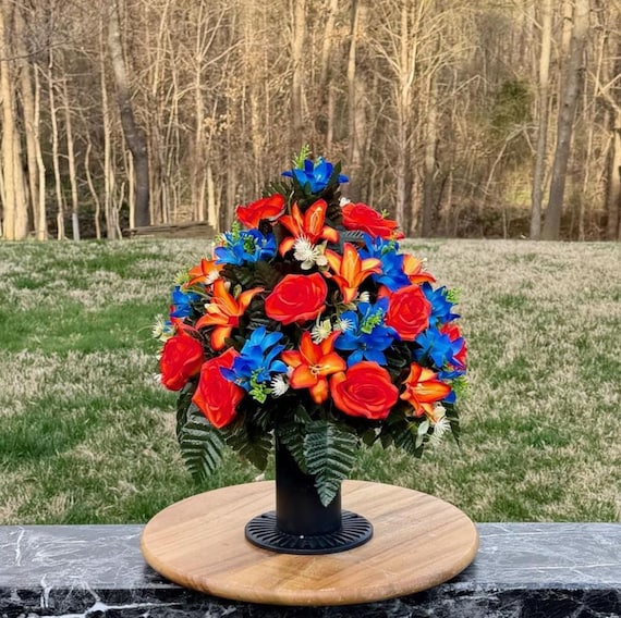 Bright Blue and Orange Cemetery Vase Arrangement, Headstone Arrangement, Memorial Decorations