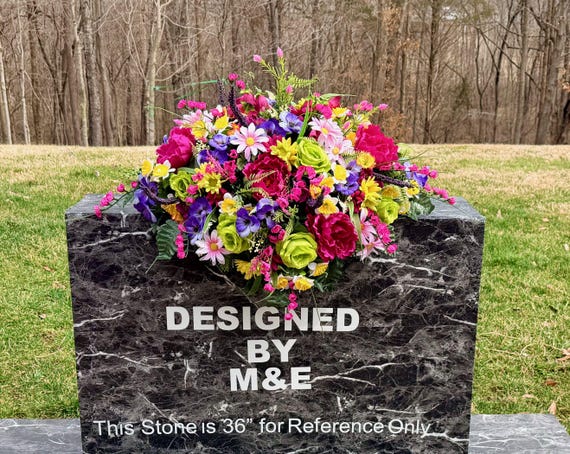 Multi-Color Cemetery Saddle Arrangement, Vibrant Silk Flowers, Headstone Memorial Display